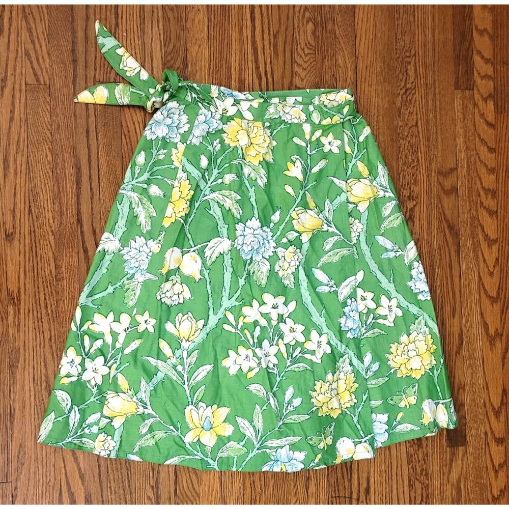 VTG 70s Floral Wrap Skirt Handmade Green Yellow Botanical A-line Cottagecore S M